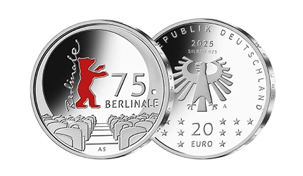Bild- und Wertseite der 20-Euro-Silbermünze „75. Berlinale“